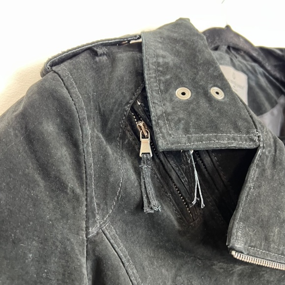 Vero Moda Jeans black suede leather cropped asymmetrical zipper moto jacket L - Picture 12 of 14